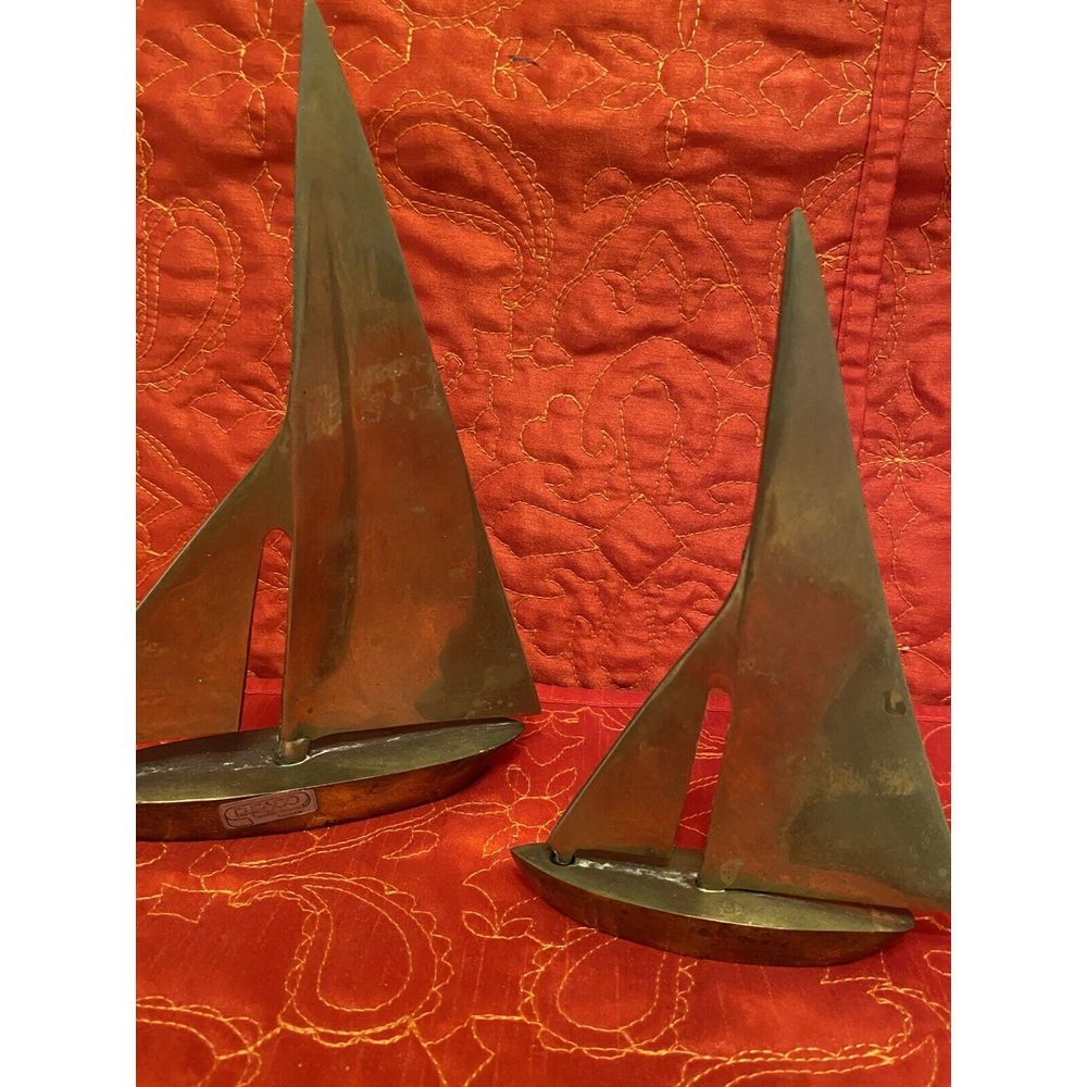 MCM Vintage Brass Sailboat Set 6" & 7.75" Tall‎ Mid Century Modern Solid Taiwan - Picture 3 of 6
